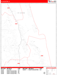 St. Augustine Wall Map Zip Code Red Line Style 2024